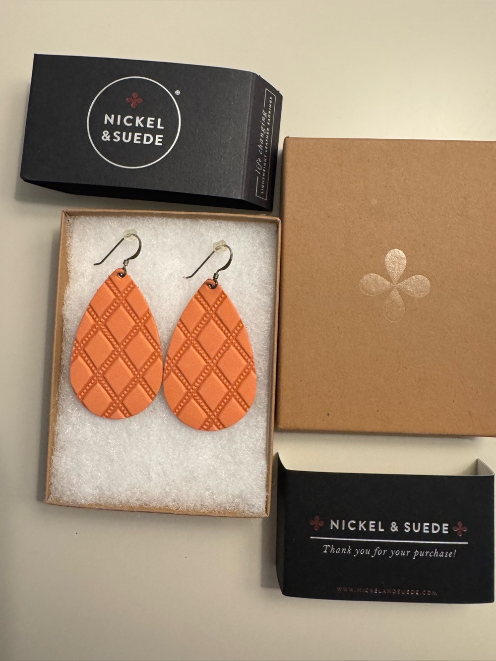 NWT Nickel & Suede Orange Quilted Teardrop Leather Earrings